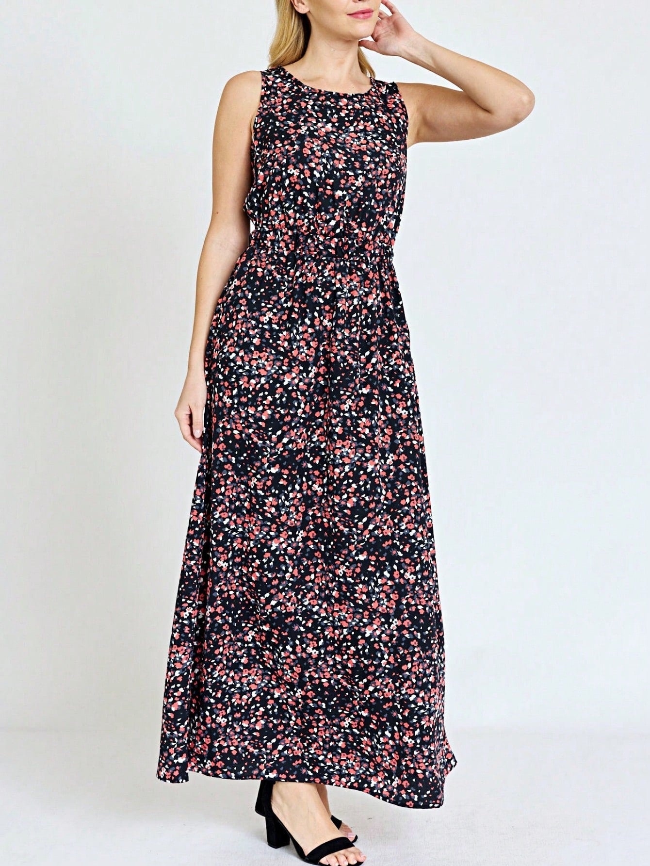 Retro Boho Woven Floral Pink Yellow Maxi Surplice Wrap Sah Dress Front Tie Flutter Sleeve