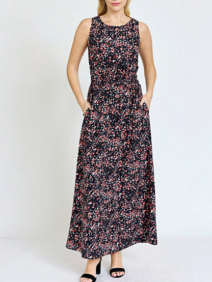 Retro Boho Woven Floral Pink Yellow Maxi Surplice Wrap Sah Dress Front Tie Flutter Sleeve