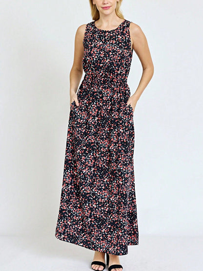 Retro Boho Woven Floral Pink Yellow Maxi Surplice Wrap Sah Dress Front Tie Flutter Sleeve