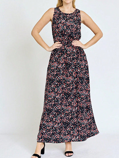Retro Boho Woven Floral Pink Yellow Maxi Surplice Wrap Sah Dress Front Tie Flutter Sleeve