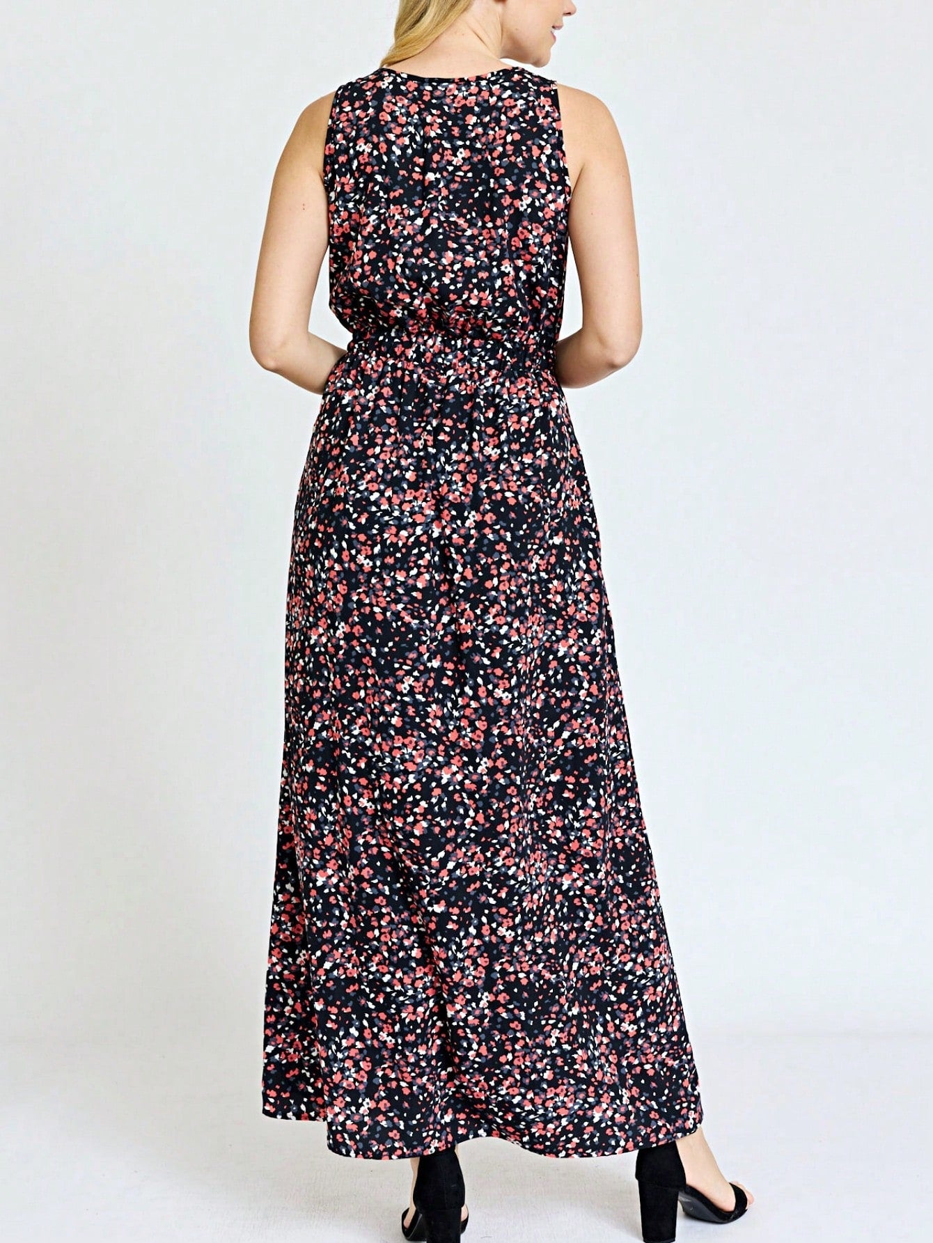 Retro Boho Woven Floral Pink Yellow Maxi Surplice Wrap Sah Dress Front Tie Flutter Sleeve
