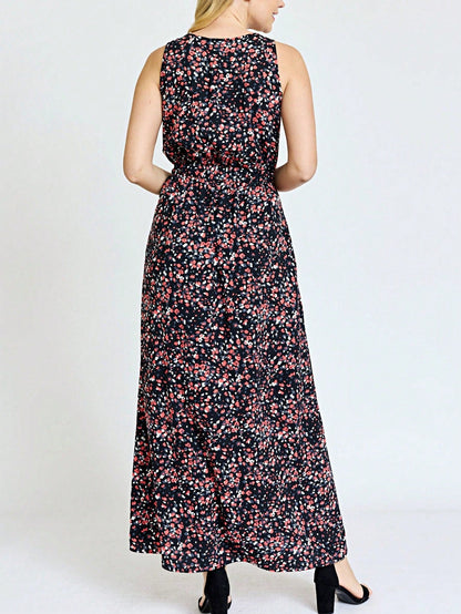 Retro Boho Woven Floral Pink Yellow Maxi Surplice Wrap Sah Dress Front Tie Flutter Sleeve