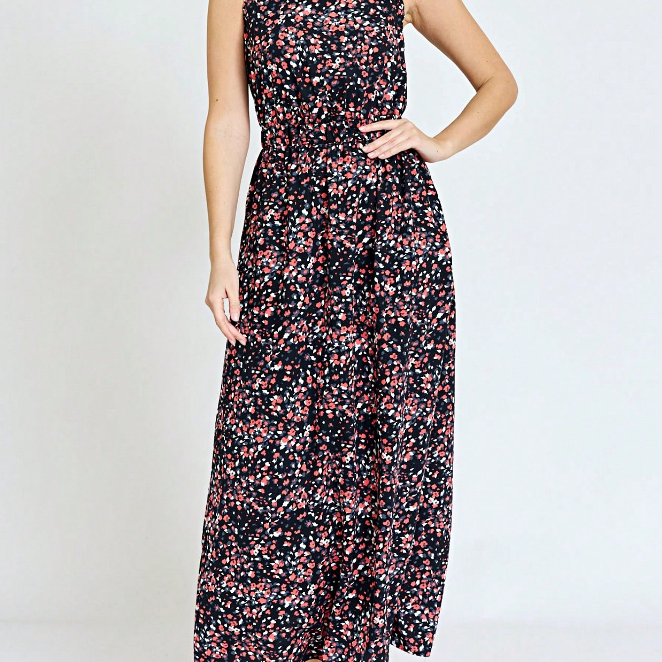 Retro Boho Woven Floral Pink Yellow Maxi Surplice Wrap Sah Dress Front Tie Flutter Sleeve