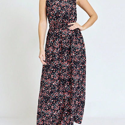 Retro Boho Woven Floral Pink Yellow Maxi Surplice Wrap Sah Dress Front Tie Flutter Sleeve