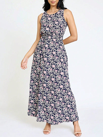 Retro Boho Woven Floral Pink Yellow Maxi Surplice Wrap Sah Dress Front Tie Flutter Sleeve