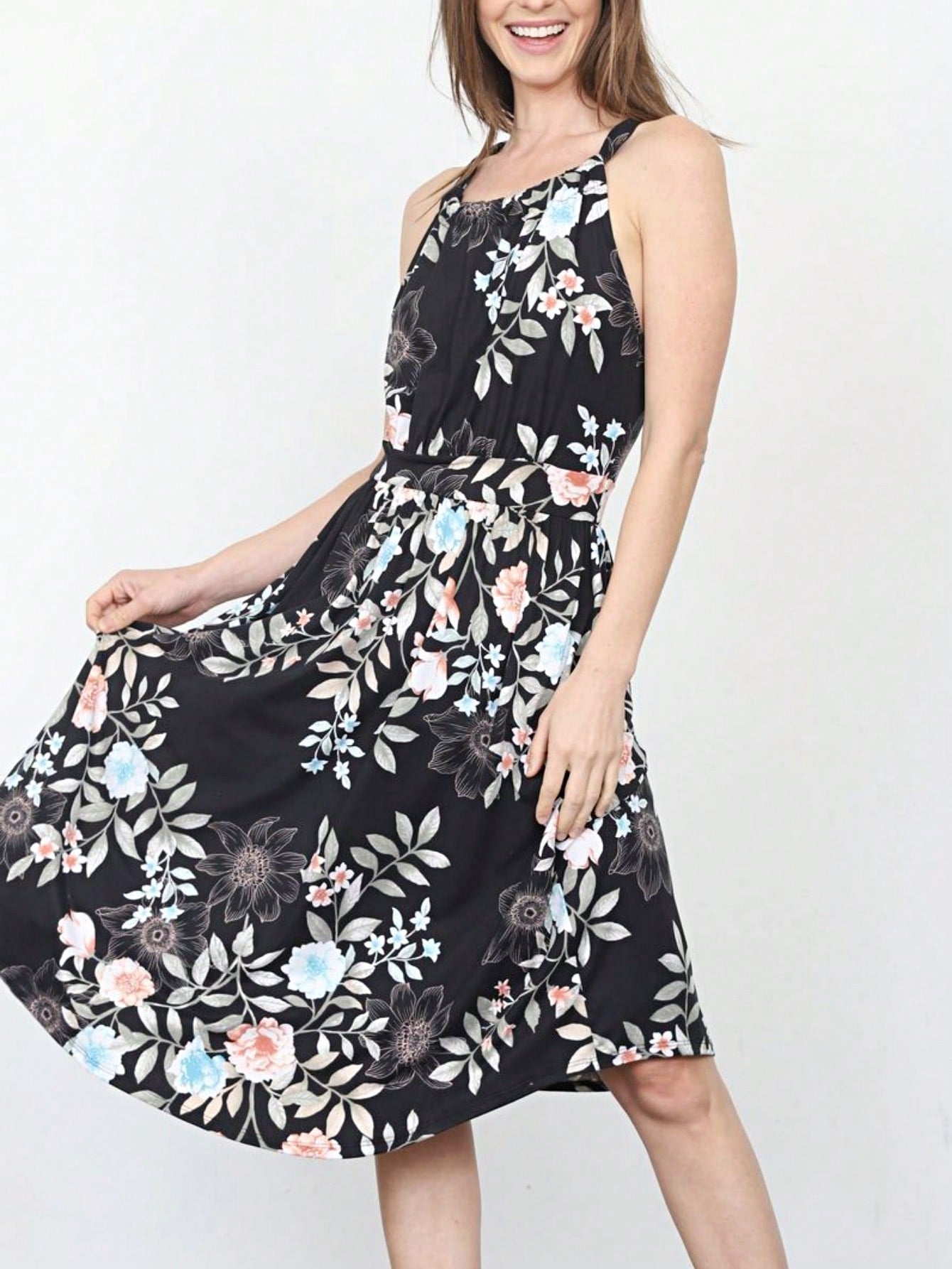 Green Pink Mint Ditsy Floral Leaves Tropical  Halter Neck Tie Sash Waist Ruffle Tiered Midi Dress Swing Southern Cruise Dress | Small -3 XL Plus