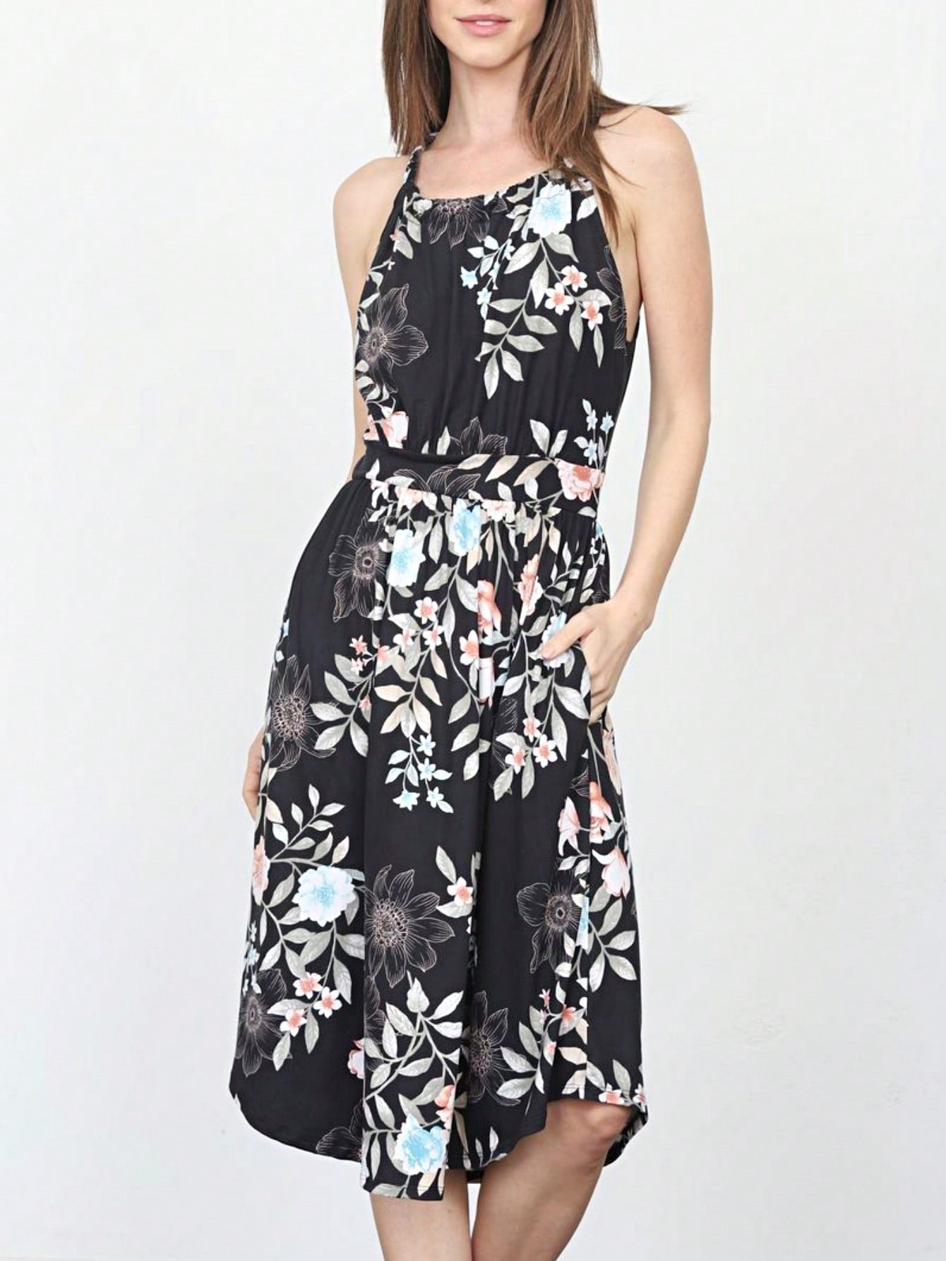 Green Pink Mint Ditsy Floral Leaves Tropical  Halter Neck Tie Sash Waist Ruffle Tiered Midi Dress Swing Southern Cruise Dress | Small -3 XL Plus