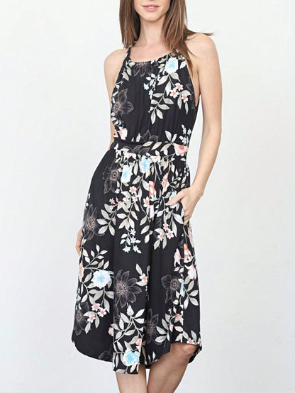 Green Pink Mint Ditsy Floral Leaves Tropical  Halter Neck Tie Sash Waist Ruffle Tiered Midi Dress Swing Southern Cruise Dress | Small -3 XL Plus