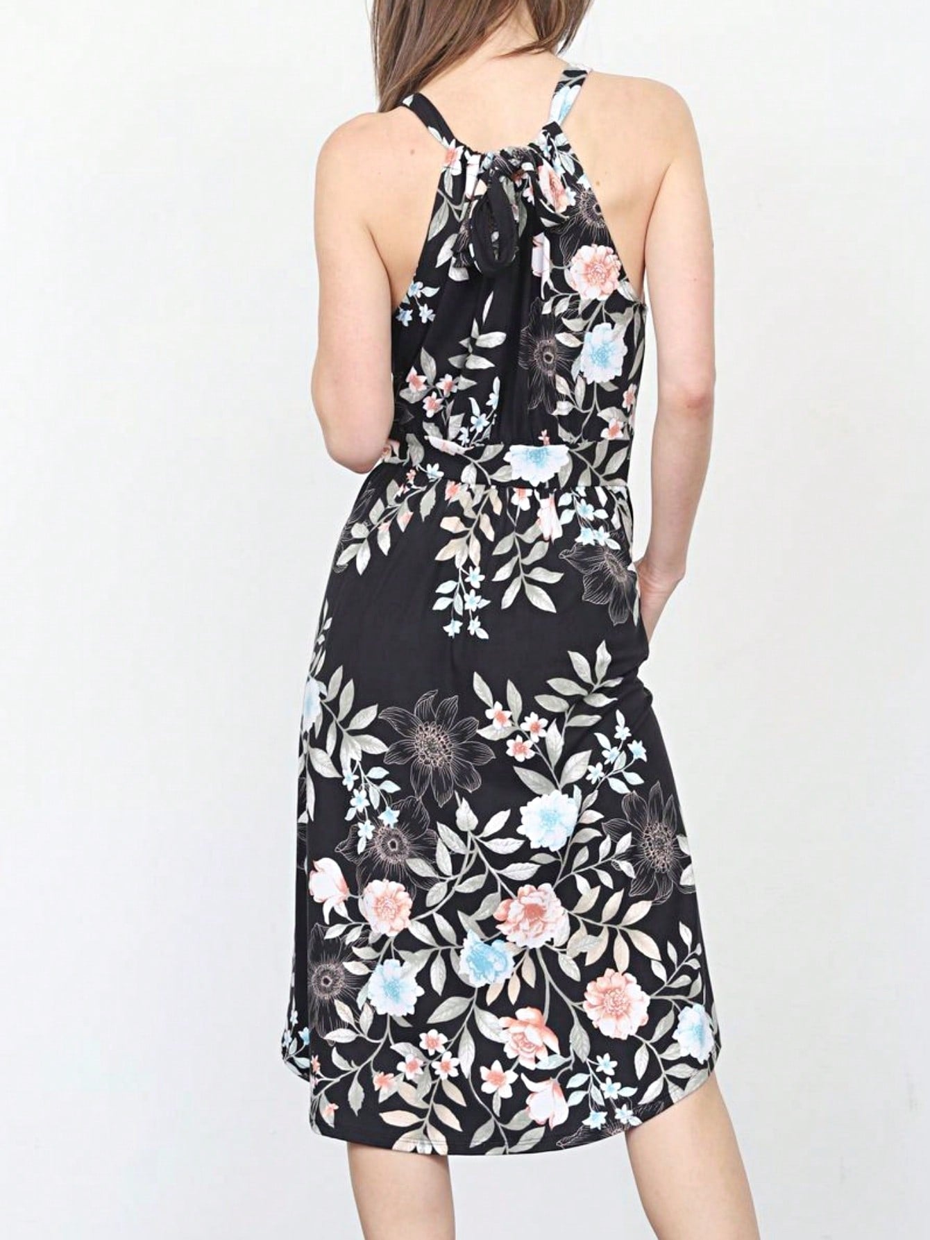 Green Pink Mint Ditsy Floral Leaves Tropical  Halter Neck Tie Sash Waist Ruffle Tiered Midi Dress Swing Southern Cruise Dress | Small -3 XL Plus