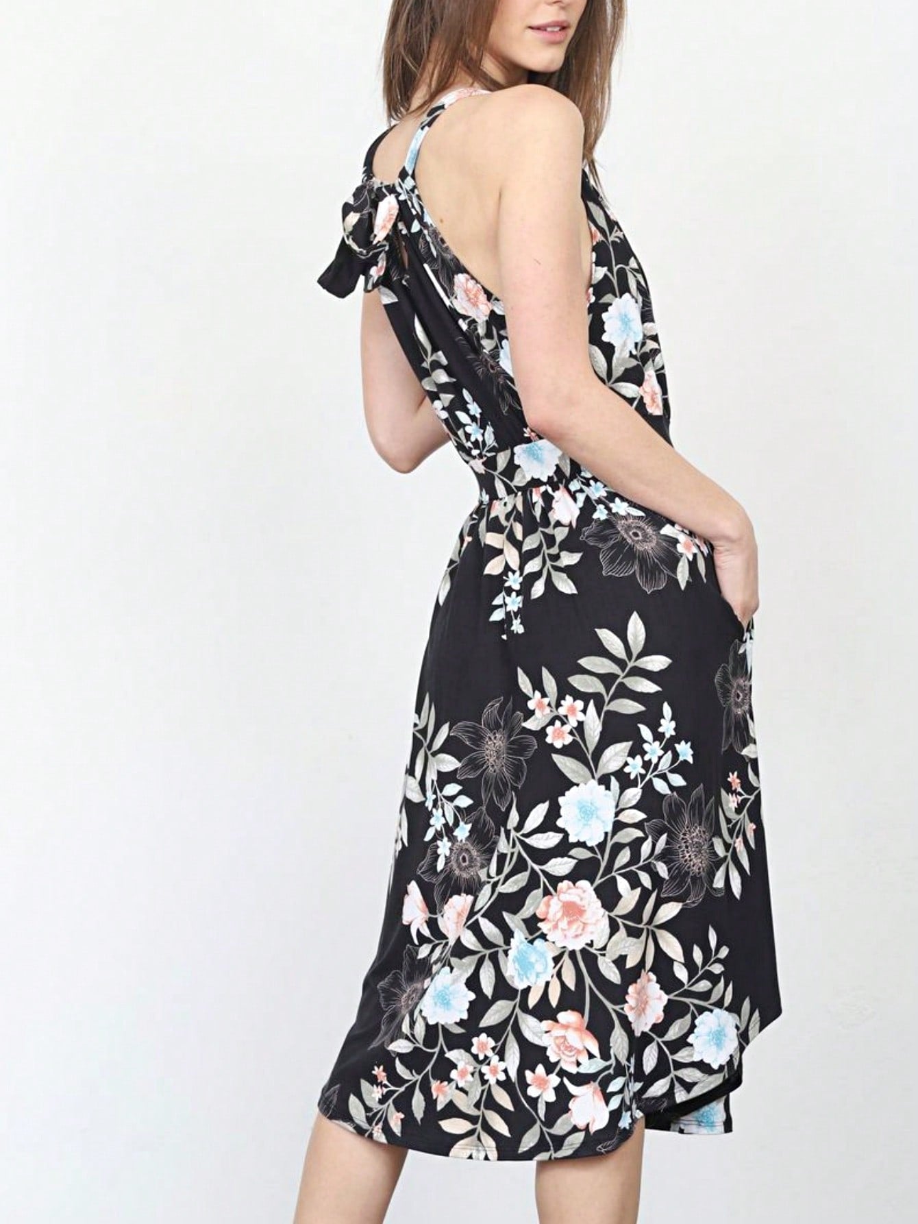 Green Pink Mint Ditsy Floral Leaves Tropical  Halter Neck Tie Sash Waist Ruffle Tiered Midi Dress Swing Southern Cruise Dress | Small -3 XL Plus