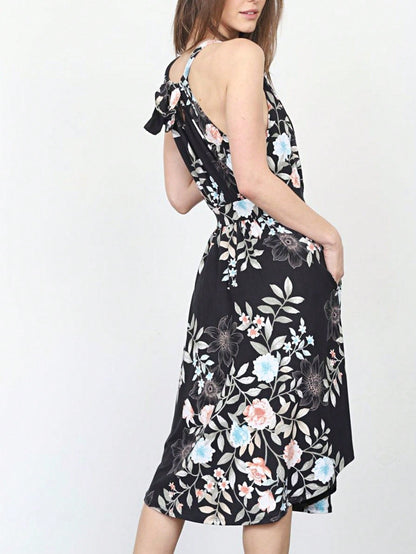 Green Pink Mint Ditsy Floral Leaves Tropical  Halter Neck Tie Sash Waist Ruffle Tiered Midi Dress Swing Southern Cruise Dress | Small -3 XL Plus