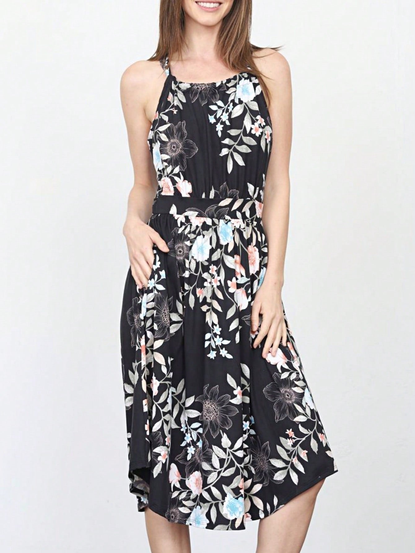 Green Pink Mint Ditsy Floral Leaves Tropical  Halter Neck Tie Sash Waist Ruffle Tiered Midi Dress Swing Southern Cruise Dress | Small -3 XL Plus