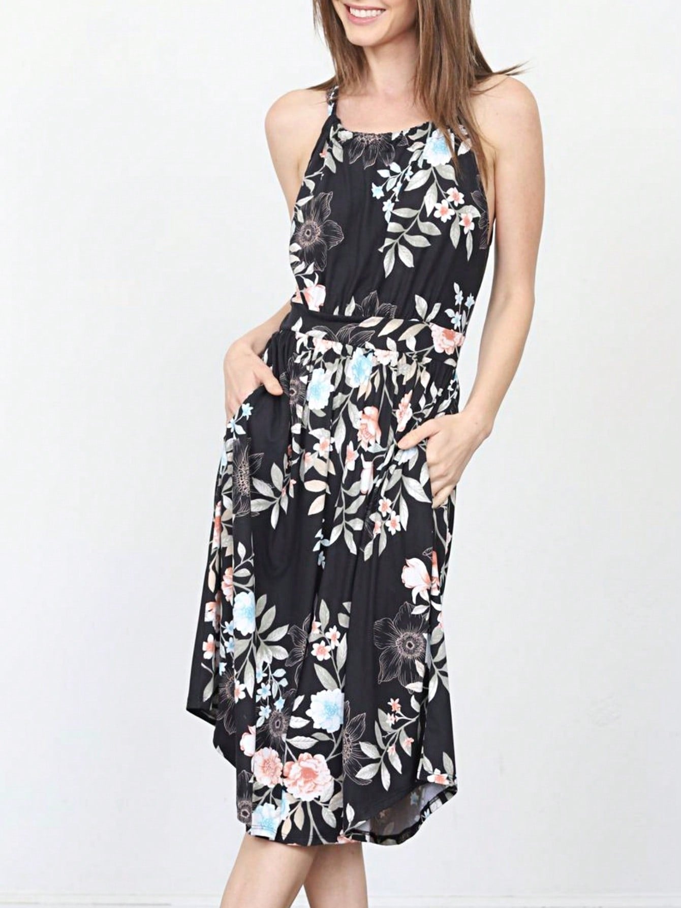 Green Pink Mint Ditsy Floral Leaves Tropical  Halter Neck Tie Sash Waist Ruffle Tiered Midi Dress Swing Southern Cruise Dress | Small -3 XL Plus