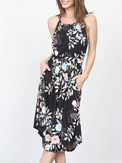 Green Pink Mint Ditsy Floral Leaves Tropical  Halter Neck Tie Sash Waist Ruffle Tiered Midi Dress Swing Southern Cruise Dress | Small -3 XL Plus