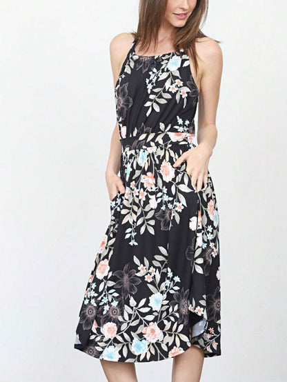 Green Pink Mint Ditsy Floral Leaves Tropical  Halter Neck Tie Sash Waist Ruffle Tiered Midi Dress Swing Southern Cruise Dress | Small -3 XL Plus