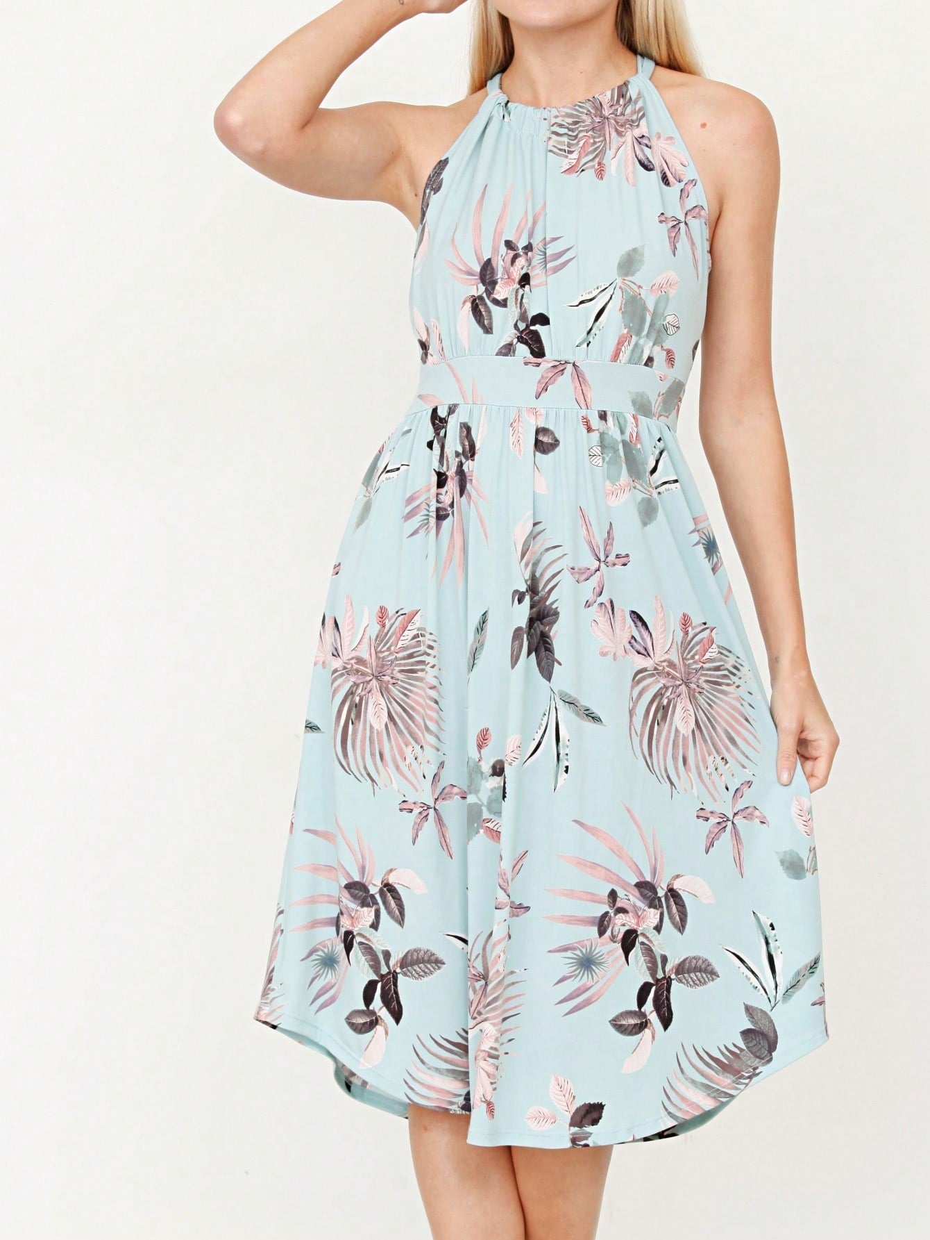 Green Pink Mint Ditsy Floral Leaves Tropical  Halter Neck Tie Sash Waist Ruffle Tiered Midi Dress Swing Southern Cruise Dress | Small -3 XL Plus