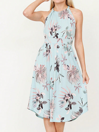 Green Pink Mint Ditsy Floral Leaves Tropical  Halter Neck Tie Sash Waist Ruffle Tiered Midi Dress Swing Southern Cruise Dress | Small -3 XL Plus
