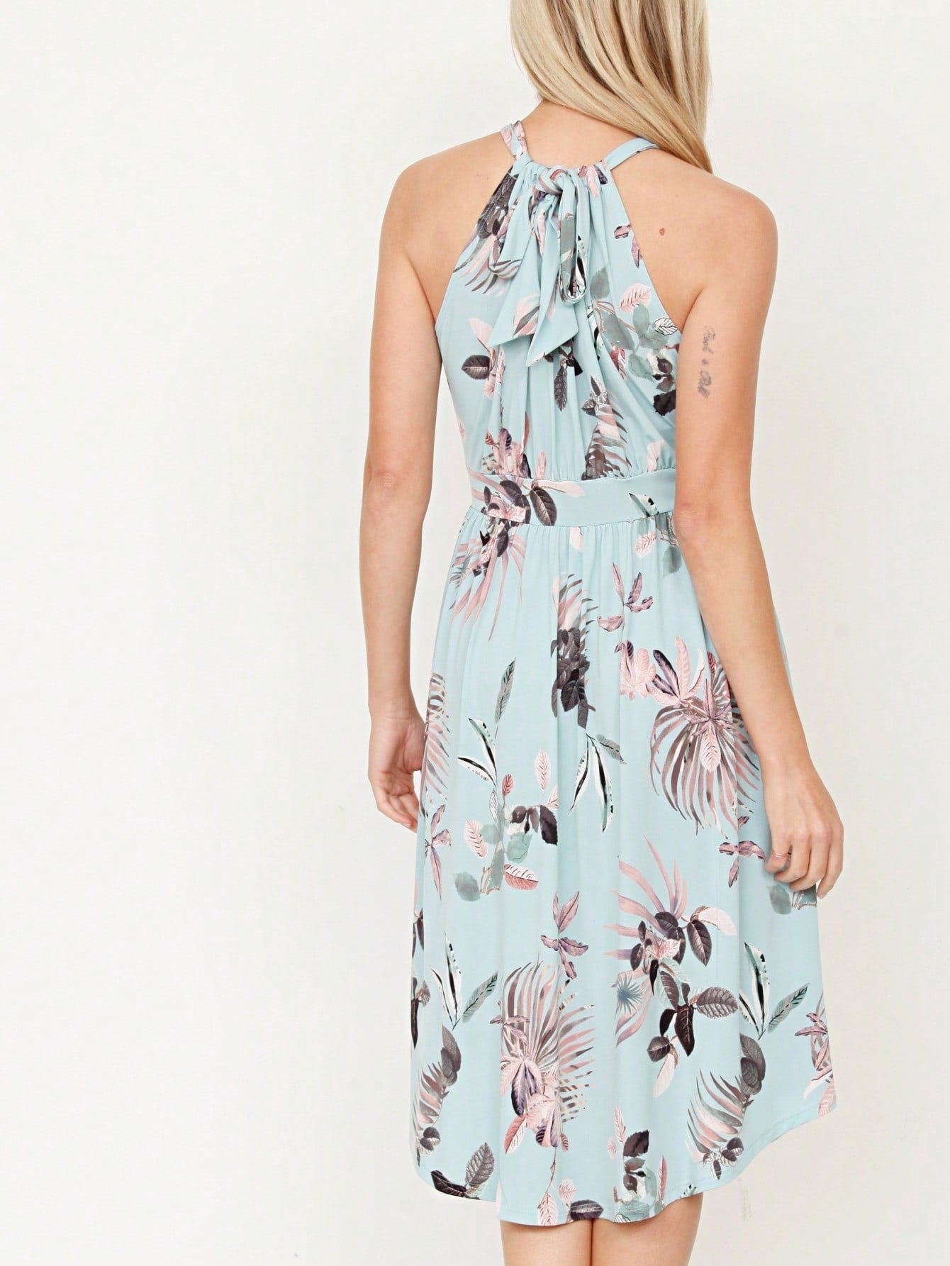 Green Pink Mint Ditsy Floral Leaves Tropical  Halter Neck Tie Sash Waist Ruffle Tiered Midi Dress Swing Southern Cruise Dress | Small -3 XL Plus