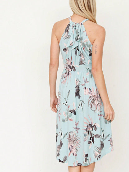 Green Pink Mint Ditsy Floral Leaves Tropical  Halter Neck Tie Sash Waist Ruffle Tiered Midi Dress Swing Southern Cruise Dress | Small -3 XL Plus