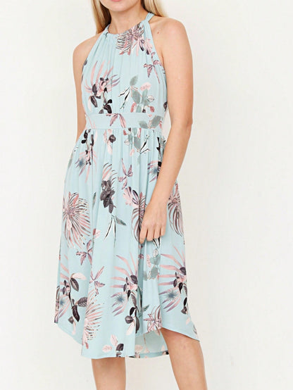 Green Pink Mint Ditsy Floral Leaves Tropical  Halter Neck Tie Sash Waist Ruffle Tiered Midi Dress Swing Southern Cruise Dress | Small -3 XL Plus