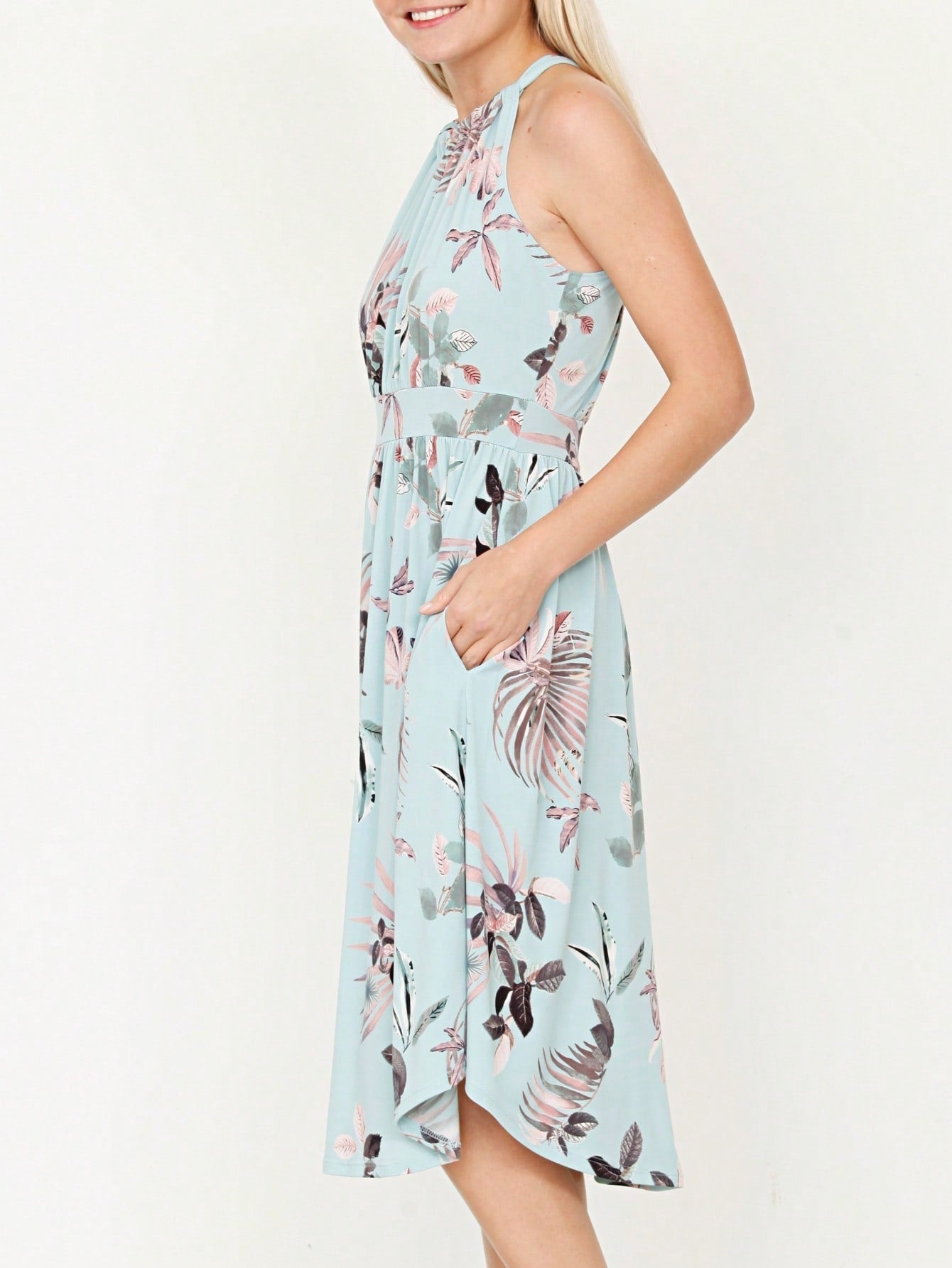 Green Pink Mint Ditsy Floral Leaves Tropical  Halter Neck Tie Sash Waist Ruffle Tiered Midi Dress Swing Southern Cruise Dress | Small -3 XL Plus