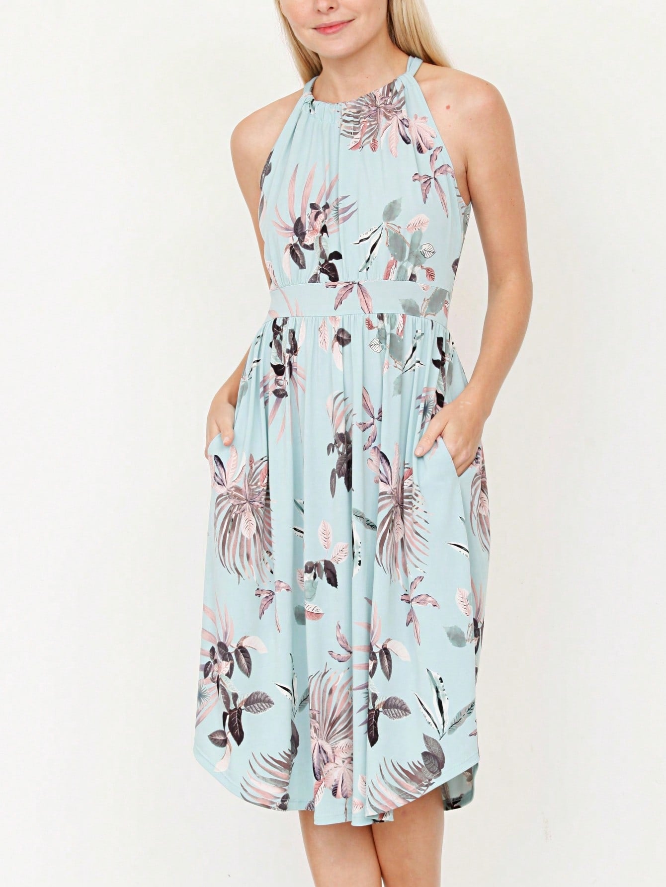 Green Pink Mint Ditsy Floral Leaves Tropical  Halter Neck Tie Sash Waist Ruffle Tiered Midi Dress Swing Southern Cruise Dress | Small -3 XL Plus