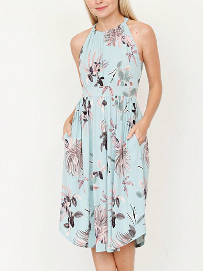 Green Pink Mint Ditsy Floral Leaves Tropical  Halter Neck Tie Sash Waist Ruffle Tiered Midi Dress Swing Southern Cruise Dress | Small -3 XL Plus