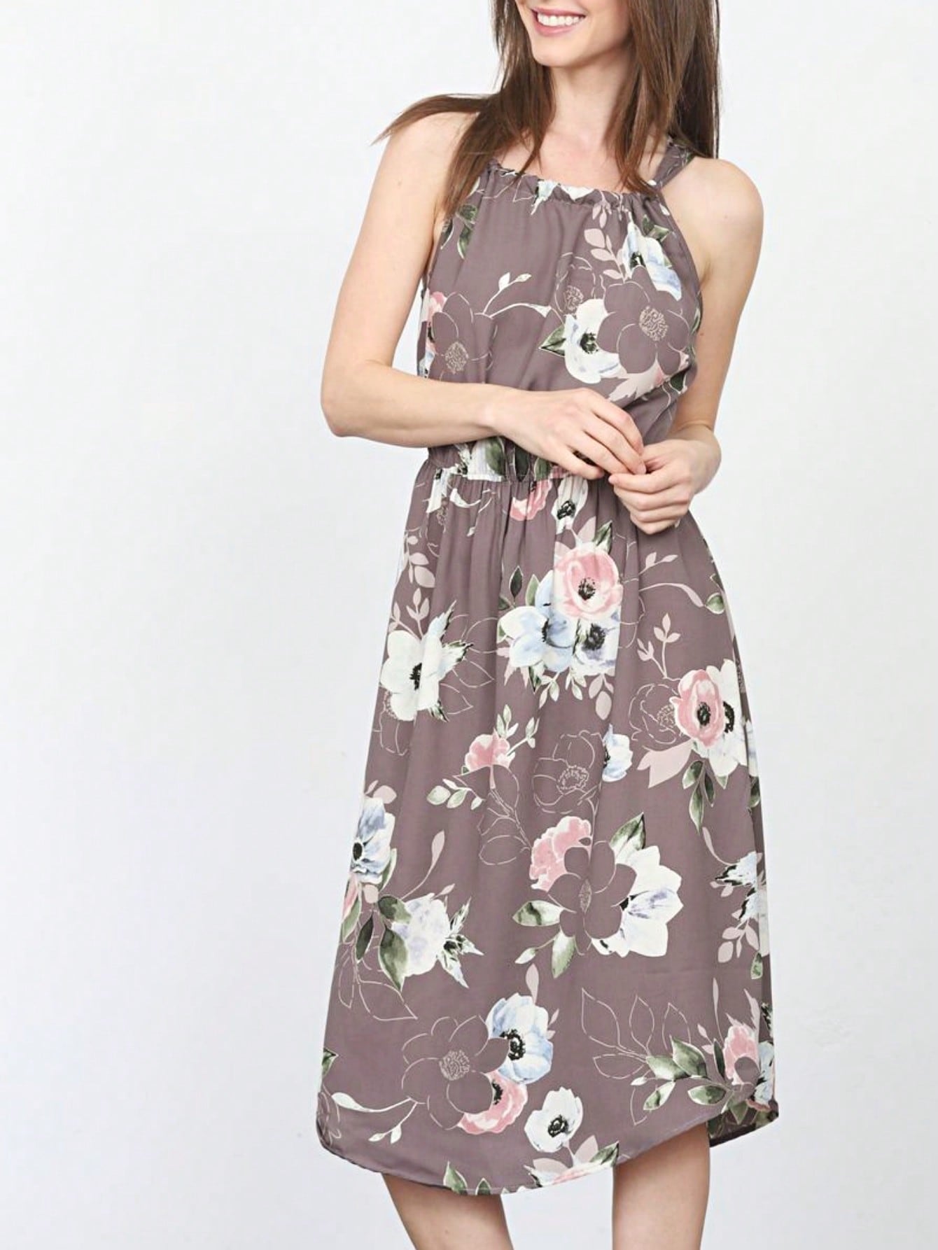 Green Pink Mint Ditsy Floral Leaves Tropical  Halter Neck Tie Sash Waist Ruffle Tiered Midi Dress Swing Southern Cruise Dress | Small -3 XL Plus