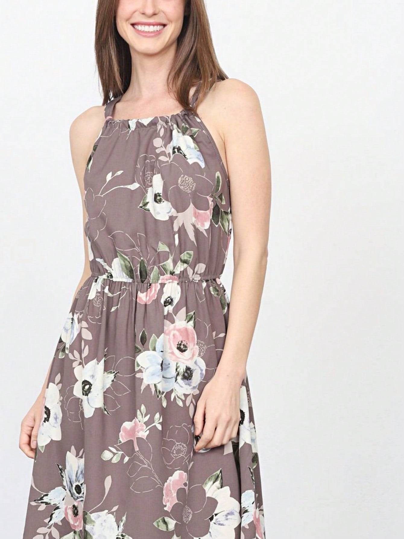 Green Pink Mint Ditsy Floral Leaves Tropical  Halter Neck Tie Sash Waist Ruffle Tiered Midi Dress Swing Southern Cruise Dress | Small -3 XL Plus