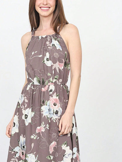 Green Pink Mint Ditsy Floral Leaves Tropical  Halter Neck Tie Sash Waist Ruffle Tiered Midi Dress Swing Southern Cruise Dress | Small -3 XL Plus