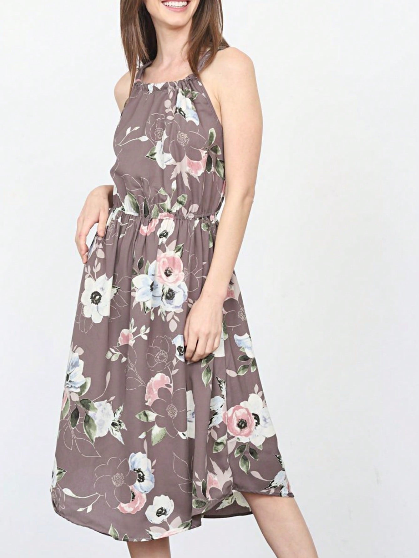 Green Pink Mint Ditsy Floral Leaves Tropical  Halter Neck Tie Sash Waist Ruffle Tiered Midi Dress Swing Southern Cruise Dress | Small -3 XL Plus