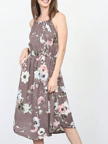 Green Pink Mint Ditsy Floral Leaves Tropical  Halter Neck Tie Sash Waist Ruffle Tiered Midi Dress Swing Southern Cruise Dress | Small -3 XL Plus