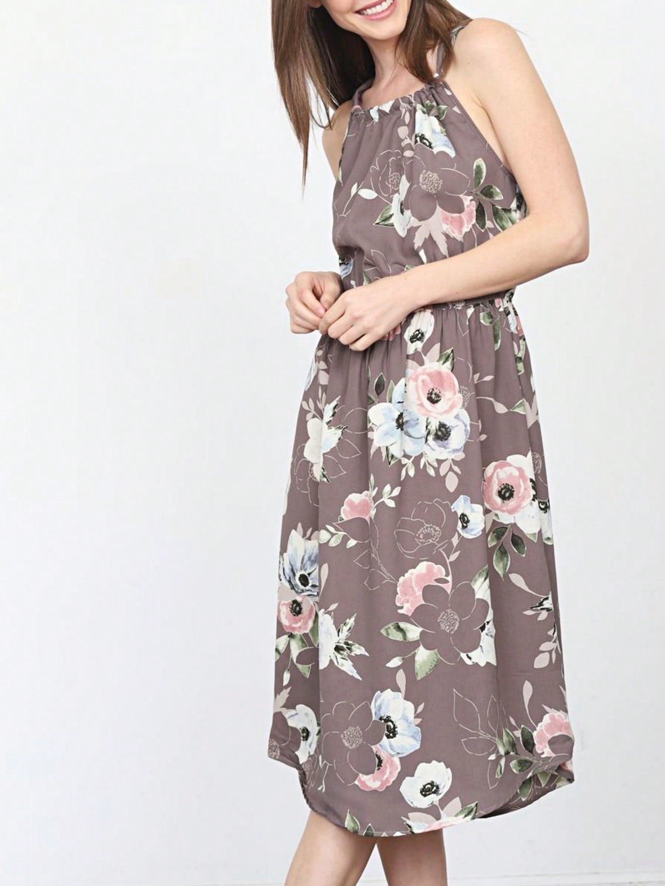 Green Pink Mint Ditsy Floral Leaves Tropical  Halter Neck Tie Sash Waist Ruffle Tiered Midi Dress Swing Southern Cruise Dress | Small -3 XL Plus