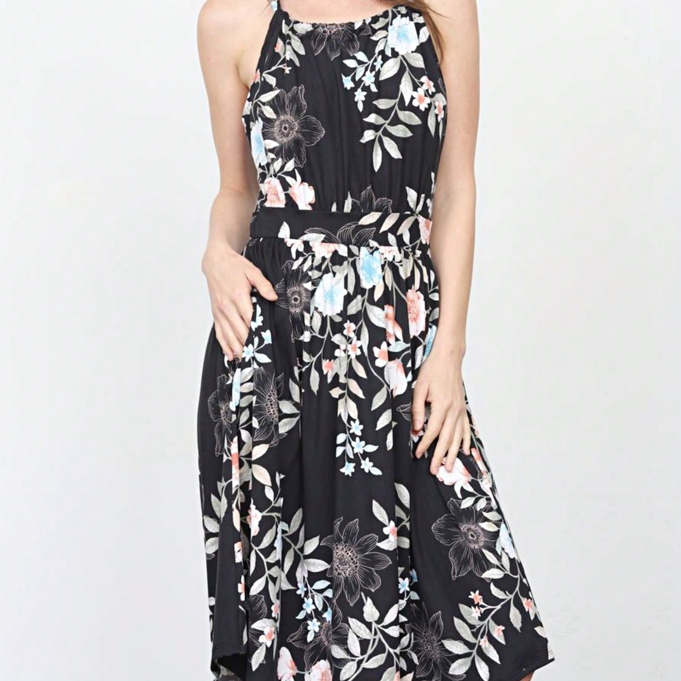 Green Pink Mint Ditsy Floral Leaves Tropical  Halter Neck Tie Sash Waist Ruffle Tiered Midi Dress Swing Southern Cruise Dress | Small -3 XL Plus