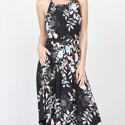 Green Pink Mint Ditsy Floral Leaves Tropical  Halter Neck Tie Sash Waist Ruffle Tiered Midi Dress Swing Southern Cruise Dress | Small -3 XL Plus