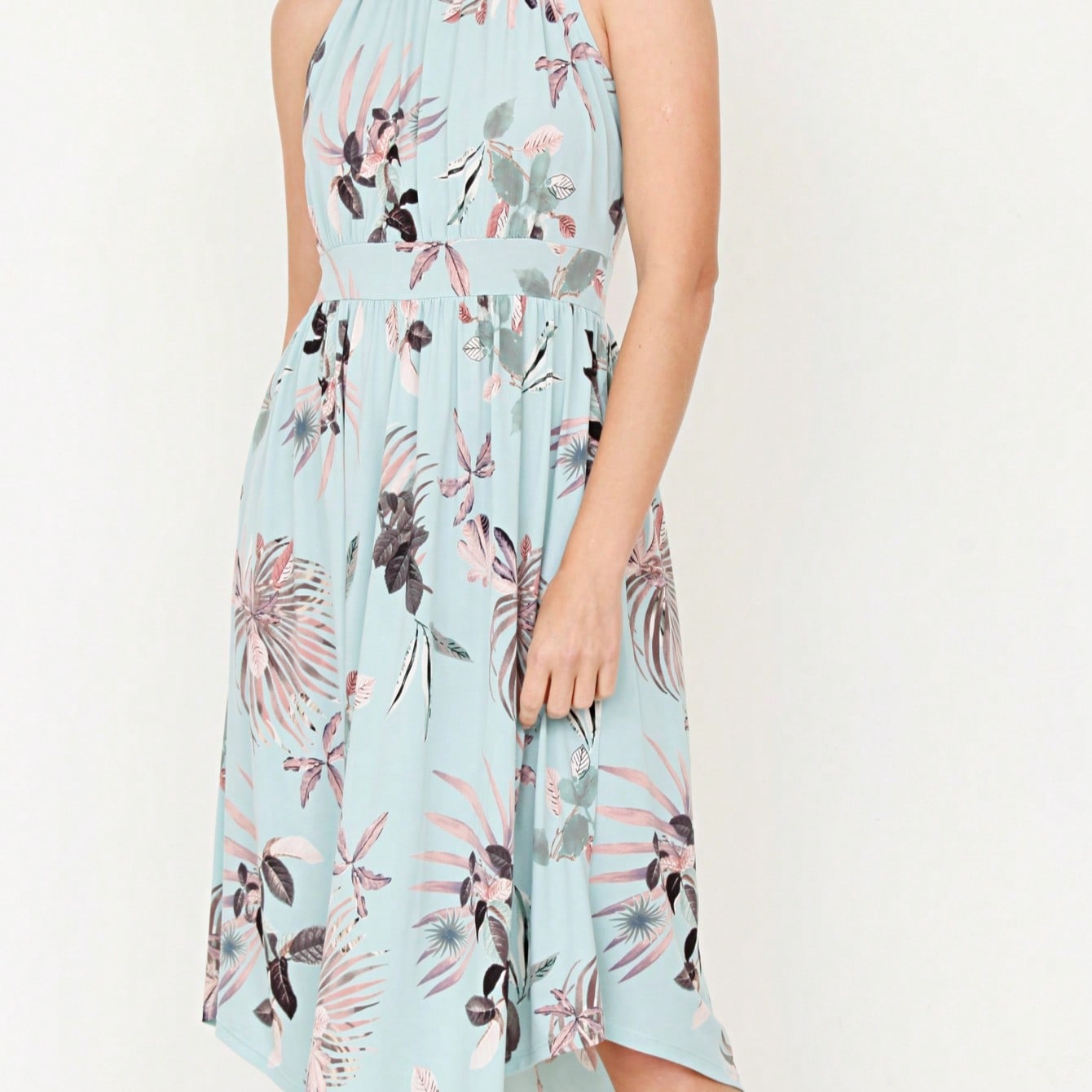 Green Pink Mint Ditsy Floral Leaves Tropical  Halter Neck Tie Sash Waist Ruffle Tiered Midi Dress Swing Southern Cruise Dress | Small -3 XL Plus
