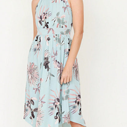 Green Pink Mint Ditsy Floral Leaves Tropical  Halter Neck Tie Sash Waist Ruffle Tiered Midi Dress Swing Southern Cruise Dress | Small -3 XL Plus