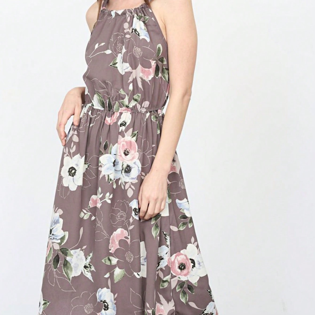 Green Pink Mint Ditsy Floral Leaves Tropical  Halter Neck Tie Sash Waist Ruffle Tiered Midi Dress Swing Southern Cruise Dress | Small -3 XL Plus