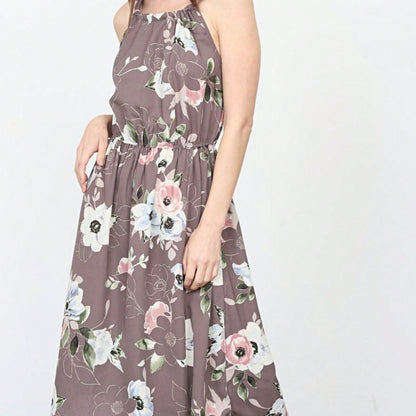 Green Pink Mint Ditsy Floral Leaves Tropical  Halter Neck Tie Sash Waist Ruffle Tiered Midi Dress Swing Southern Cruise Dress | Small -3 XL Plus