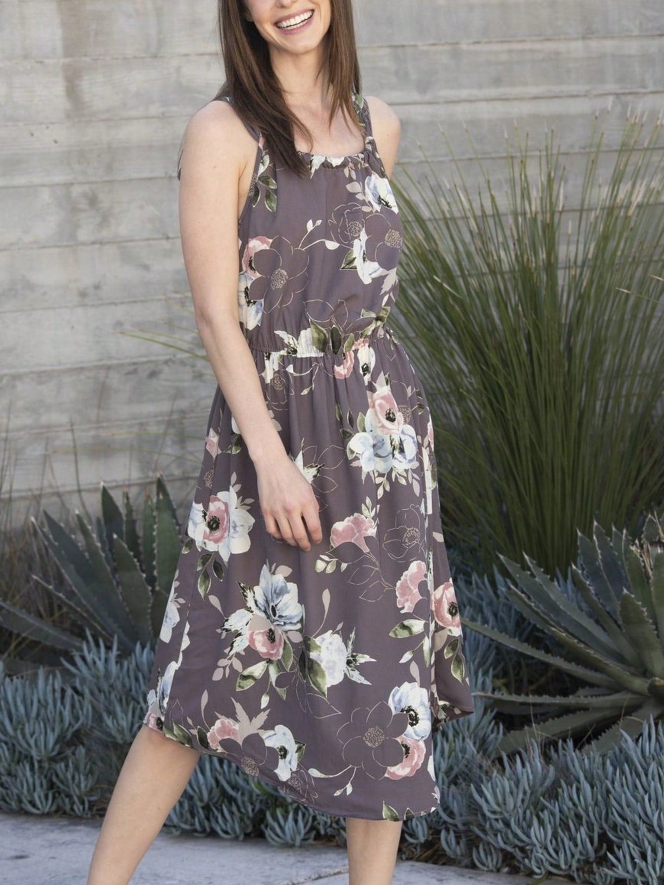 Green Pink Mint Ditsy Floral Leaves Tropical  Halter Neck Tie Sash Waist Ruffle Tiered Midi Dress Swing Southern Cruise Dress | Small -3 XL Plus