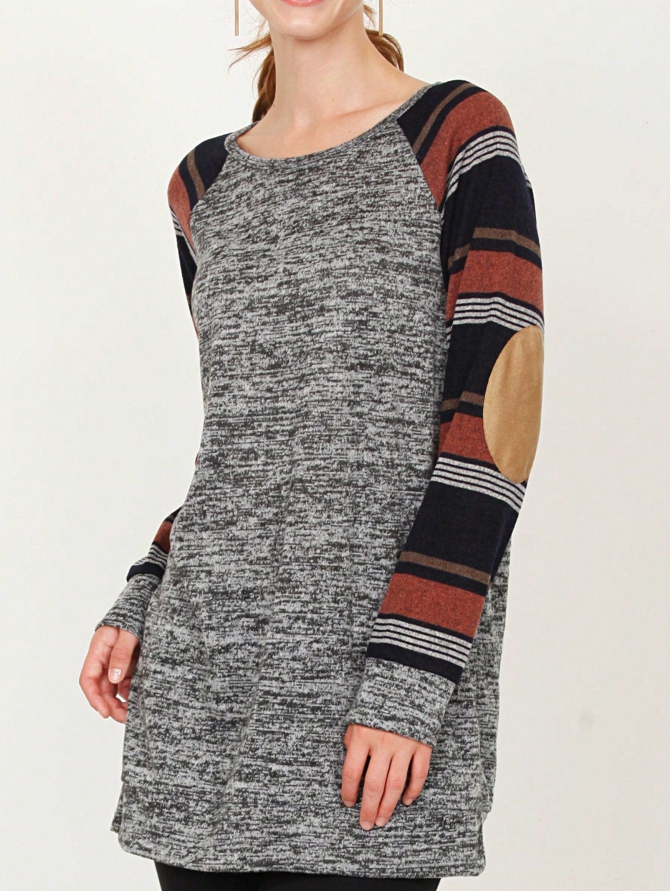 Navy Blue Boho Retro 90's Vintage Sleeve Dot Print Knit Contrast Binding Waffle  Soft Floral Raglan Sleeve Tunic Top Pullover