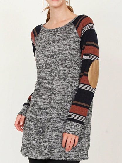 Navy Blue Boho Retro 90's Vintage Sleeve Dot Print Knit Contrast Binding Waffle  Soft Floral Raglan Sleeve Tunic Top Pullover