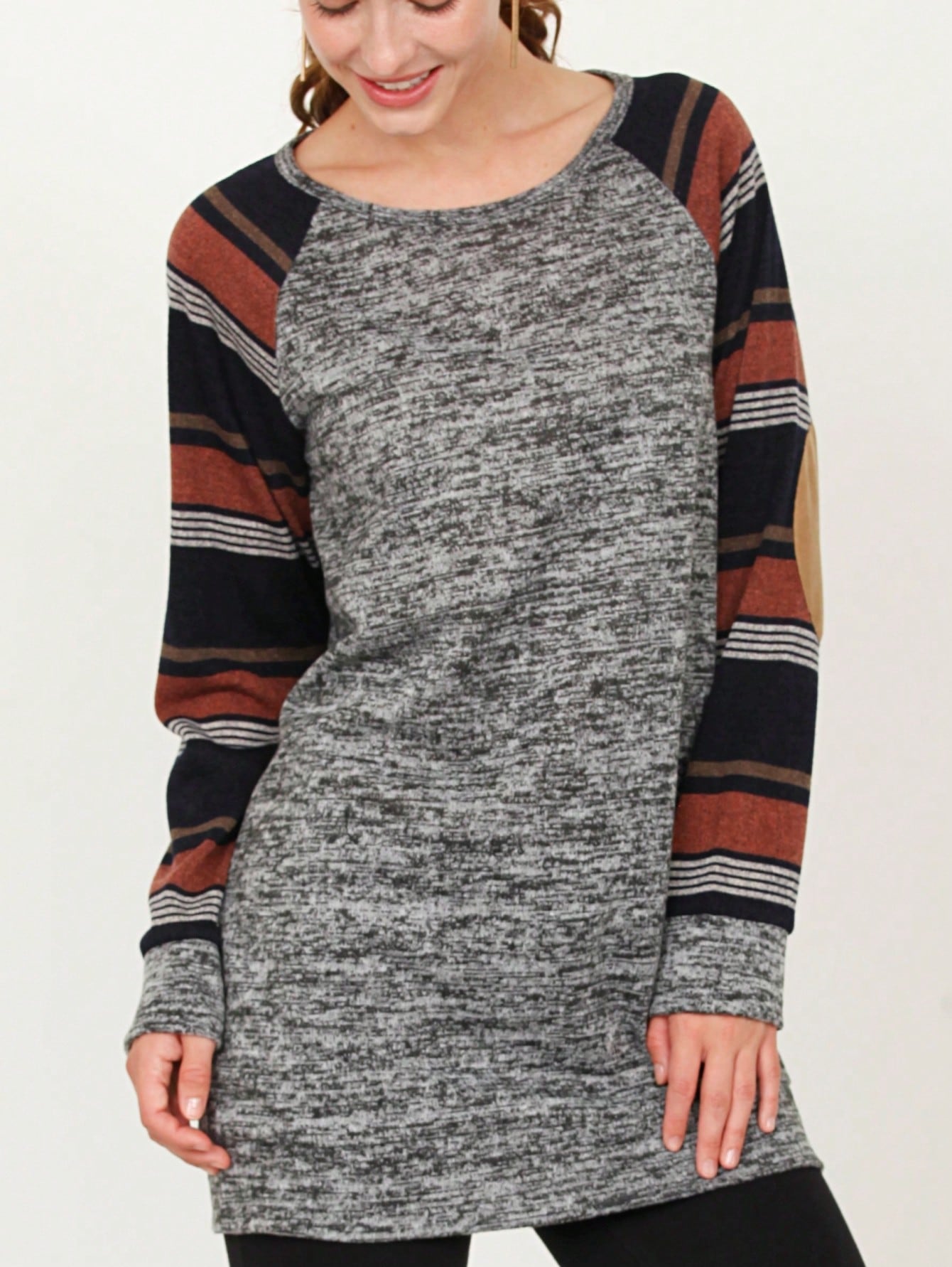 Navy Blue Boho Retro 90's Vintage Sleeve Dot Print Knit Contrast Binding Waffle  Soft Floral Raglan Sleeve Tunic Top Pullover