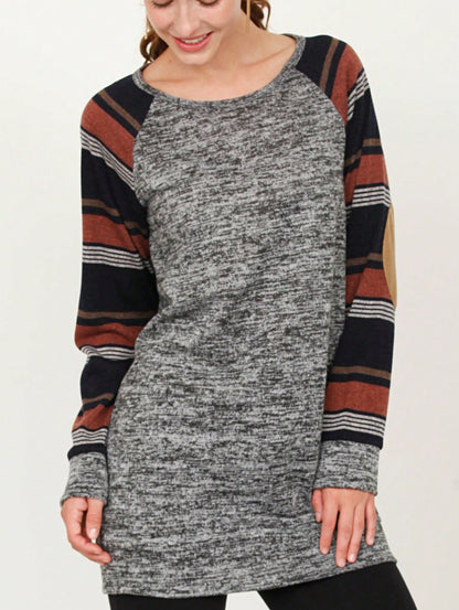 Navy Blue Boho Retro 90's Vintage Sleeve Dot Print Knit Contrast Binding Waffle  Soft Floral Raglan Sleeve Tunic Top Pullover