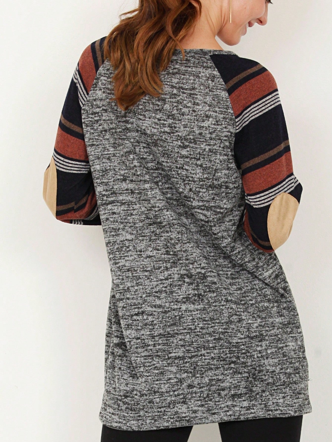Navy Blue Boho Retro 90's Vintage Sleeve Dot Print Knit Contrast Binding Waffle  Soft Floral Raglan Sleeve Tunic Top Pullover