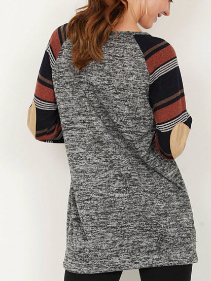 Navy Blue Boho Retro 90's Vintage Sleeve Dot Print Knit Contrast Binding Waffle  Soft Floral Raglan Sleeve Tunic Top Pullover