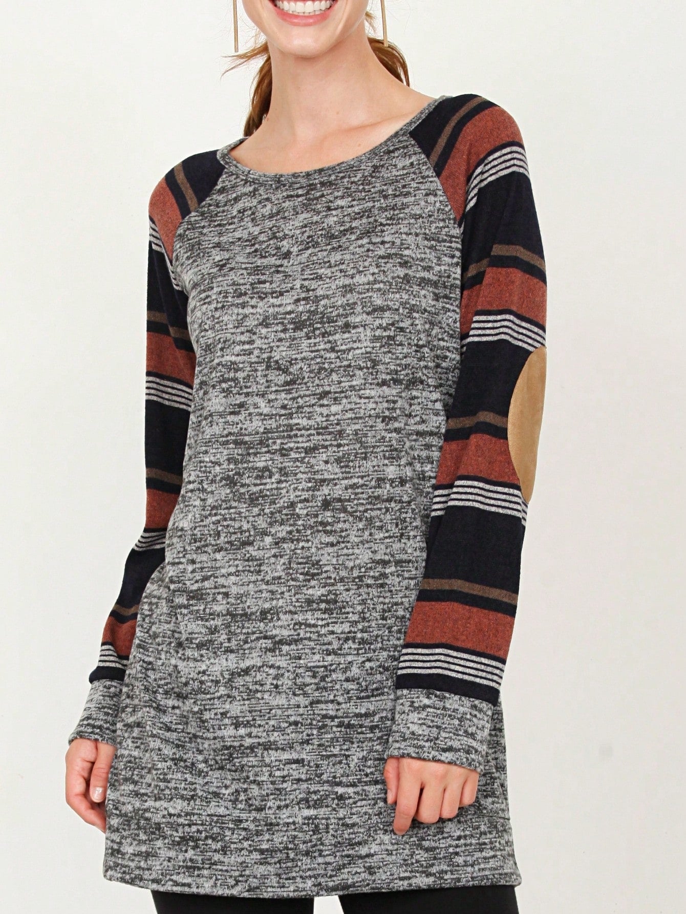 Navy Blue Boho Retro 90's Vintage Sleeve Dot Print Knit Contrast Binding Waffle  Soft Floral Raglan Sleeve Tunic Top Pullover