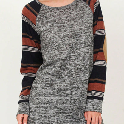 Navy Blue Boho Retro 90's Vintage Sleeve Dot Print Knit Contrast Binding Waffle  Soft Floral Raglan Sleeve Tunic Top Pullover