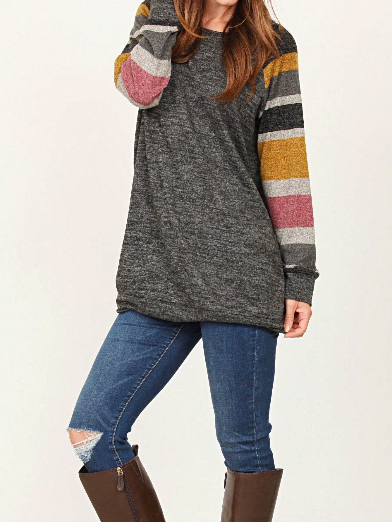 Navy Blue Boho Retro 90's Vintage Sleeve Dot Print Knit Contrast Binding Waffle  Soft Floral Raglan Sleeve Tunic Top Pullover