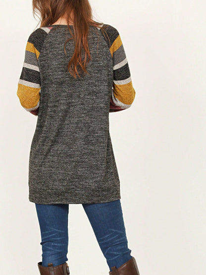 Navy Blue Boho Retro 90's Vintage Sleeve Dot Print Knit Contrast Binding Waffle  Soft Floral Raglan Sleeve Tunic Top Pullover